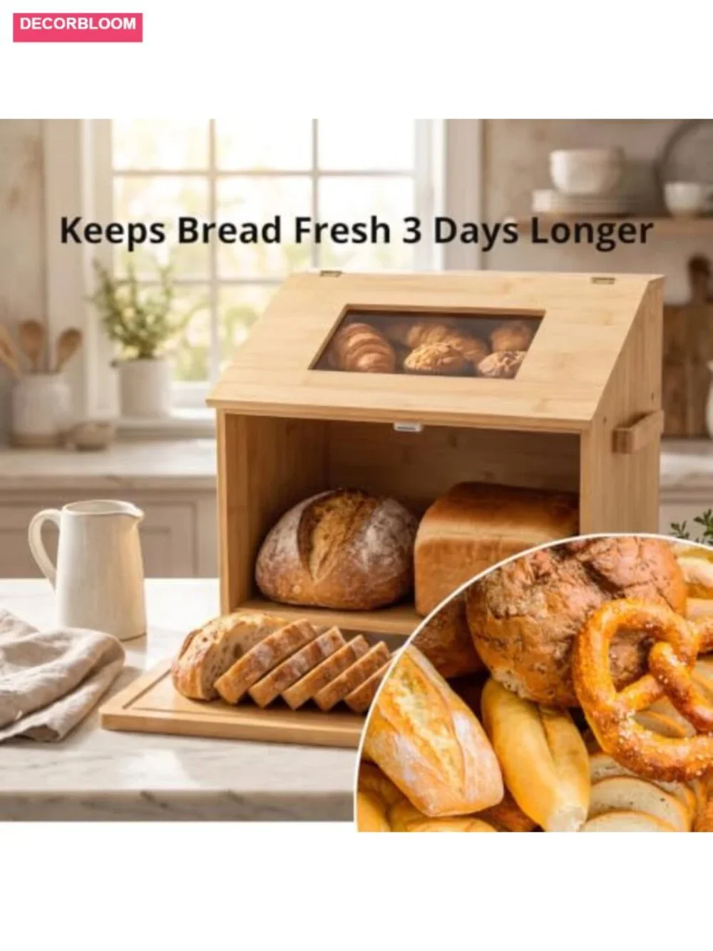 4-in-1 Bamboo Bread Box for Countertop: Store, Slice & Serve, 22.5L